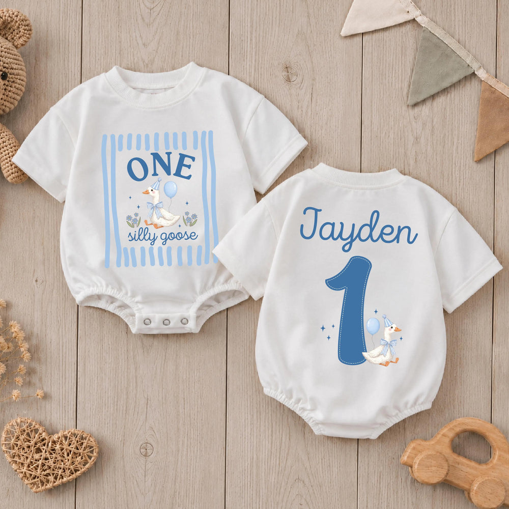 Personalized One Silly Goose Baby Romper First Birthday Outfit for Boys, Custom Name Cake Smash Outfit Light Blue Party Hat Design