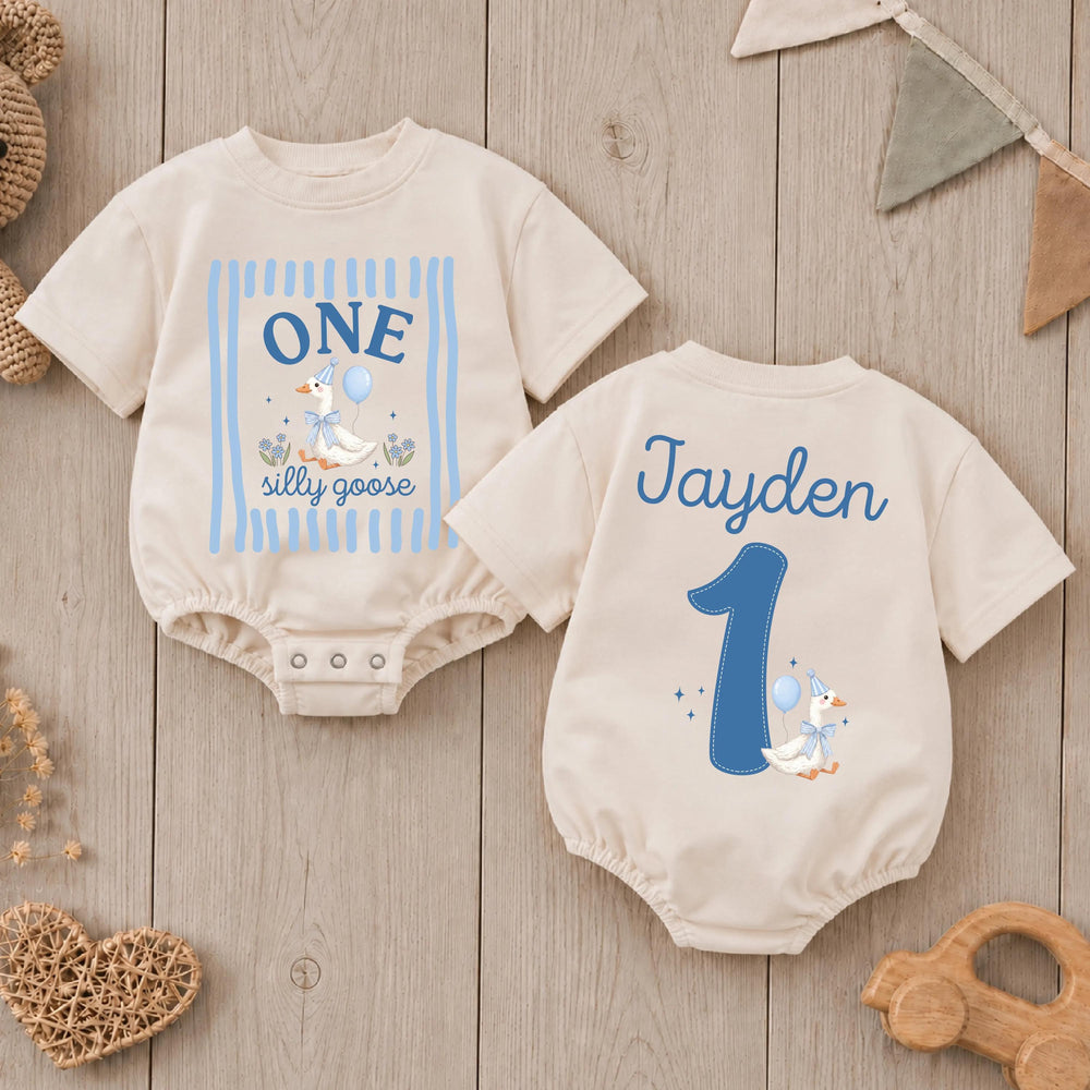 Personalized One Silly Goose Baby Romper First Birthday Outfit for Boys, Custom Name Cake Smash Outfit Light Blue Party Hat Design
