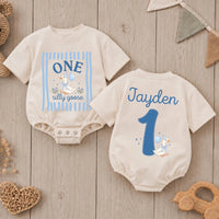 Personalized One Silly Goose Baby Romper First Birthday Outfit for Boys, Custom Name Cake Smash Outfit Light Blue Party Hat Design