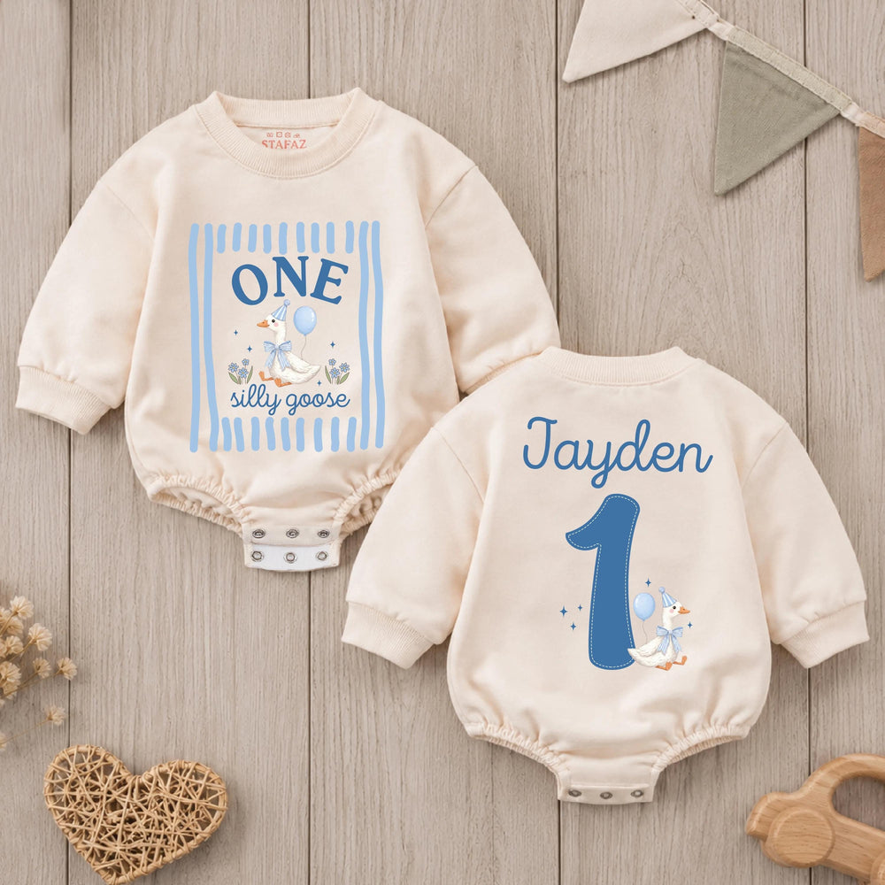 Personalized One Silly Goose Baby Romper First Birthday Outfit for Boys, Custom Name Cake Smash Outfit Light Blue Party Hat Design