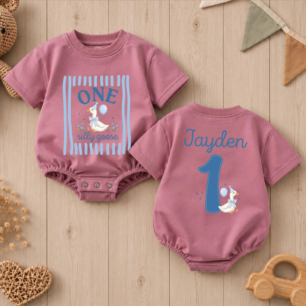 Personalized One Silly Goose Baby Romper First Birthday Outfit for Boys, Custom Name Cake Smash Outfit Light Blue Party Hat Design