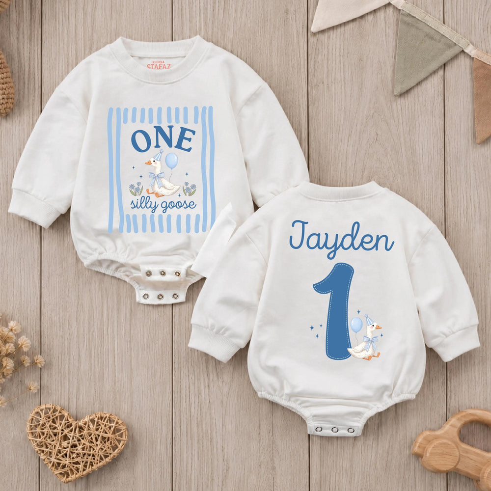 Personalized One Silly Goose Baby Romper First Birthday Outfit for Boys, Custom Name Cake Smash Outfit Light Blue Party Hat Design