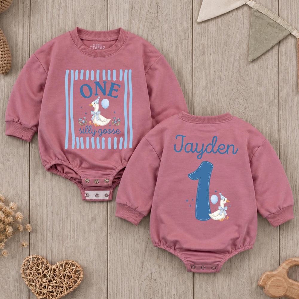Personalized One Silly Goose Baby Romper First Birthday Outfit for Boys, Custom Name Cake Smash Outfit Light Blue Party Hat Design