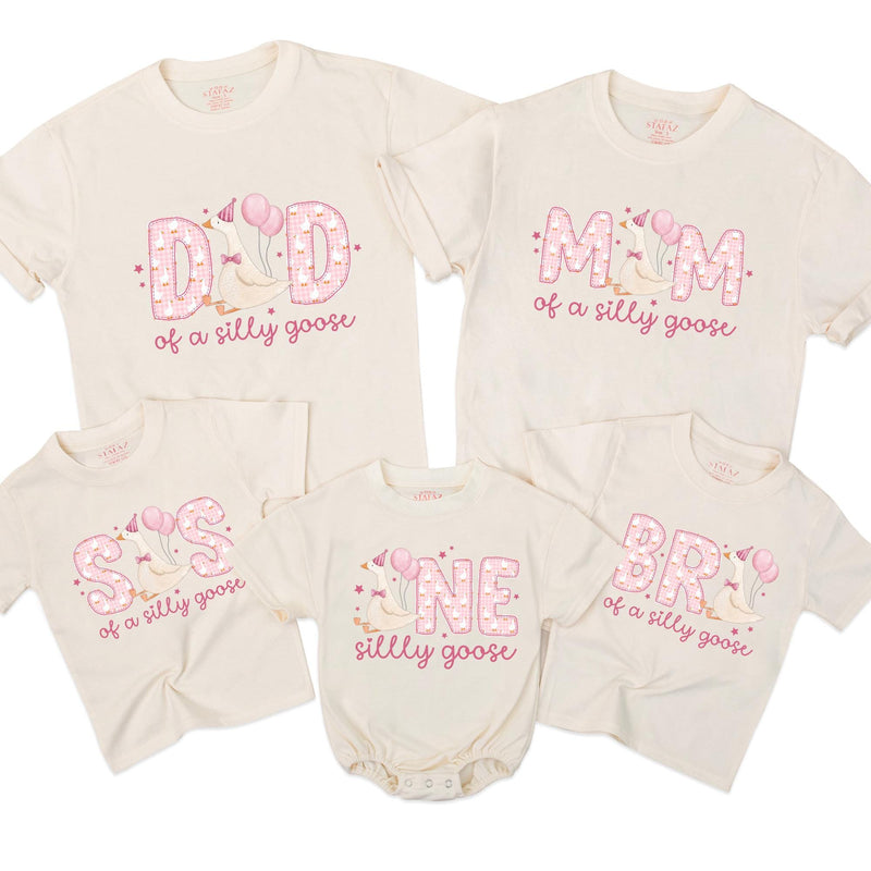 Personalized One Silly Goose Birthday Girl Shirt with Cartoon Goose Pink Balloons Family Matching Soft Cotton Tee NB to 2XL