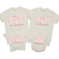 Personalized One Silly Goose Birthday Girl Shirt with Cartoon Goose Pink Balloons Family Matching Soft Cotton Tee NB to 2XL