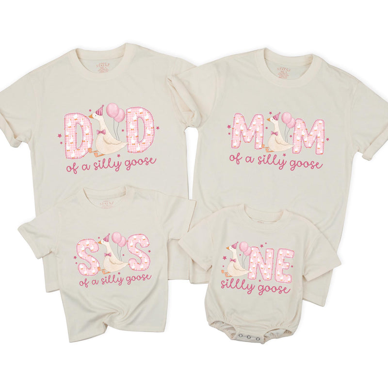 Personalized One Silly Goose Birthday Girl Shirt with Cartoon Goose Pink Balloons Family Matching Soft Cotton Tee NB to 2XL