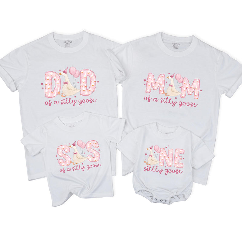 Personalized One Silly Goose Birthday Girl Shirt with Cartoon Goose Pink Balloons Family Matching Soft Cotton Tee NB to 2XL