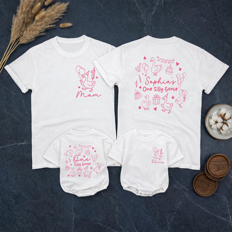Personalized One Silly Goose Birthday Outfit for Baby Girl, Custom Pink Romper with Geese Party Design Family Matching Shirts Gift