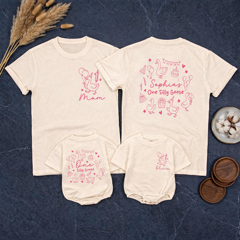 Personalized One Silly Goose Birthday Outfit for Baby Girl, Custom Pink Romper with Geese Party Design Family Matching Shirts Gift
