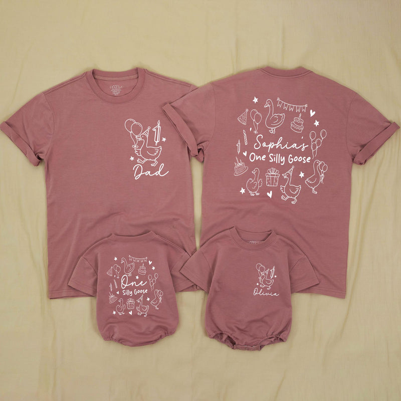 Personalized One Silly Goose Birthday Outfit for Baby Girl, Custom Pink Romper with Geese Party Design Family Matching Shirts Gift