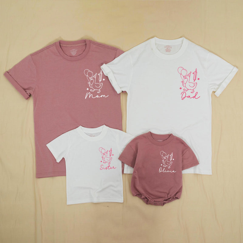 Personalized One Silly Goose Birthday Outfit for Baby Girl, Custom Pink Romper with Geese Party Design Family Matching Shirts Gift