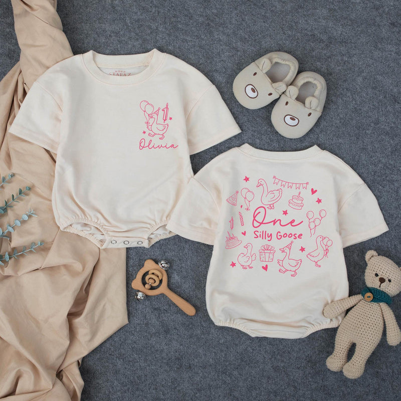 Personalized One Silly Goose Birthday Outfit for Baby Girl, Custom Pink Romper with Geese Party Design Family Matching Shirts Gift