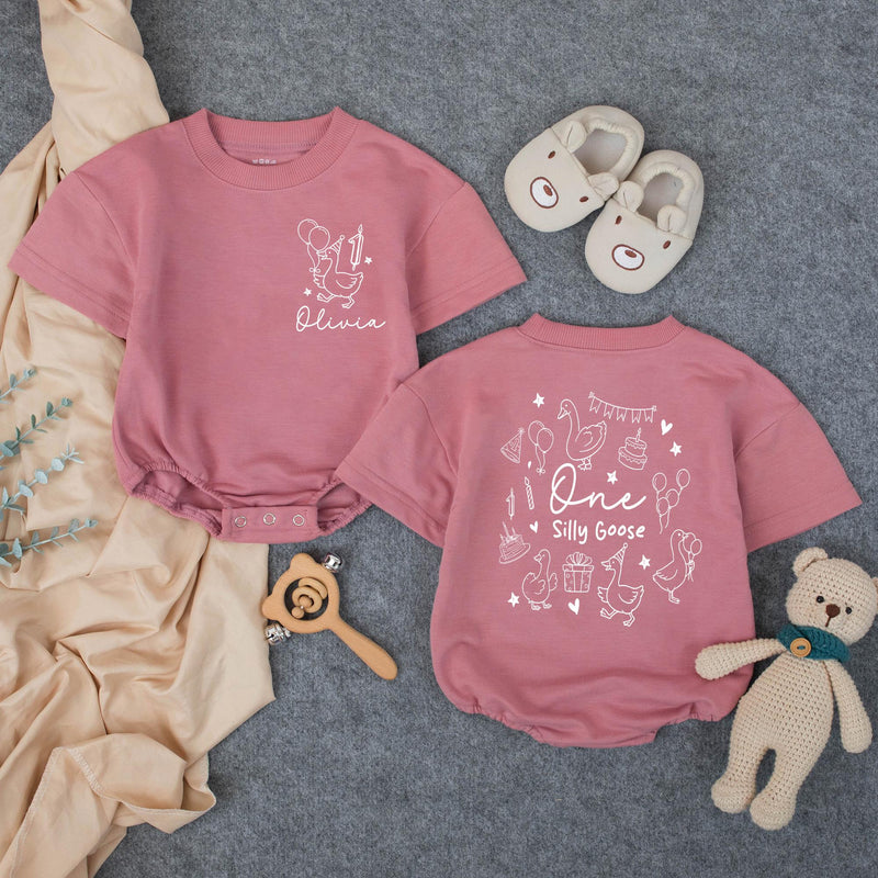 Personalized One Silly Goose Birthday Outfit for Baby Girl, Custom Pink Romper with Geese Party Design Family Matching Shirts Gift
