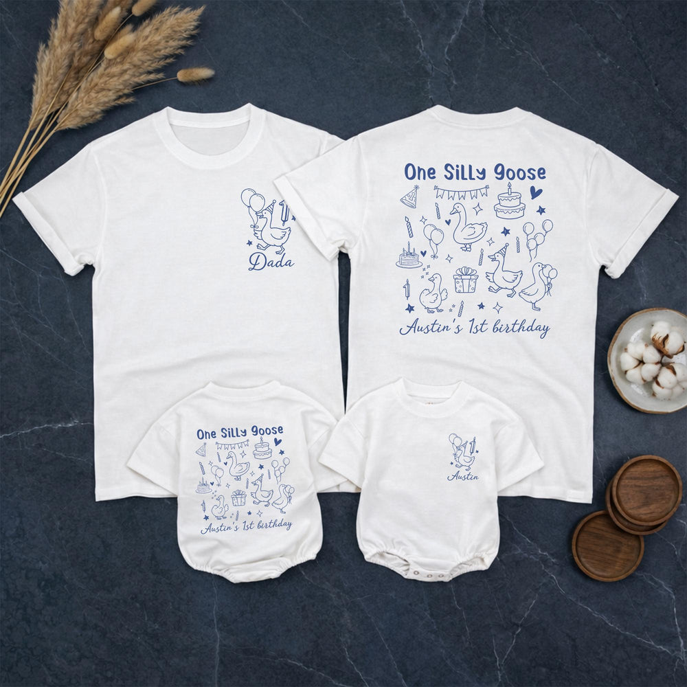 Personalized One Silly Goose First Birthday Outfit for Baby Boy or Family Shirts Custom Name and Age Whimsical Party Design in Blue