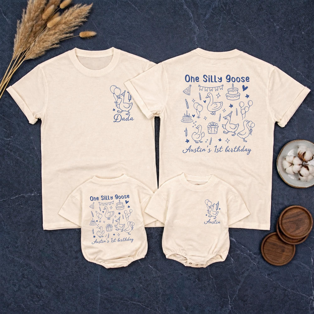 Personalized One Silly Goose First Birthday Outfit for Baby Boy or Family Shirts Custom Name and Age Whimsical Party Design in Blue