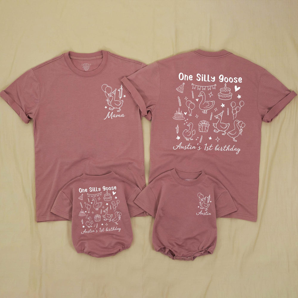 Personalized One Silly Goose First Birthday Outfit for Baby Boy or Family Shirts Custom Name and Age Whimsical Party Design in Blue