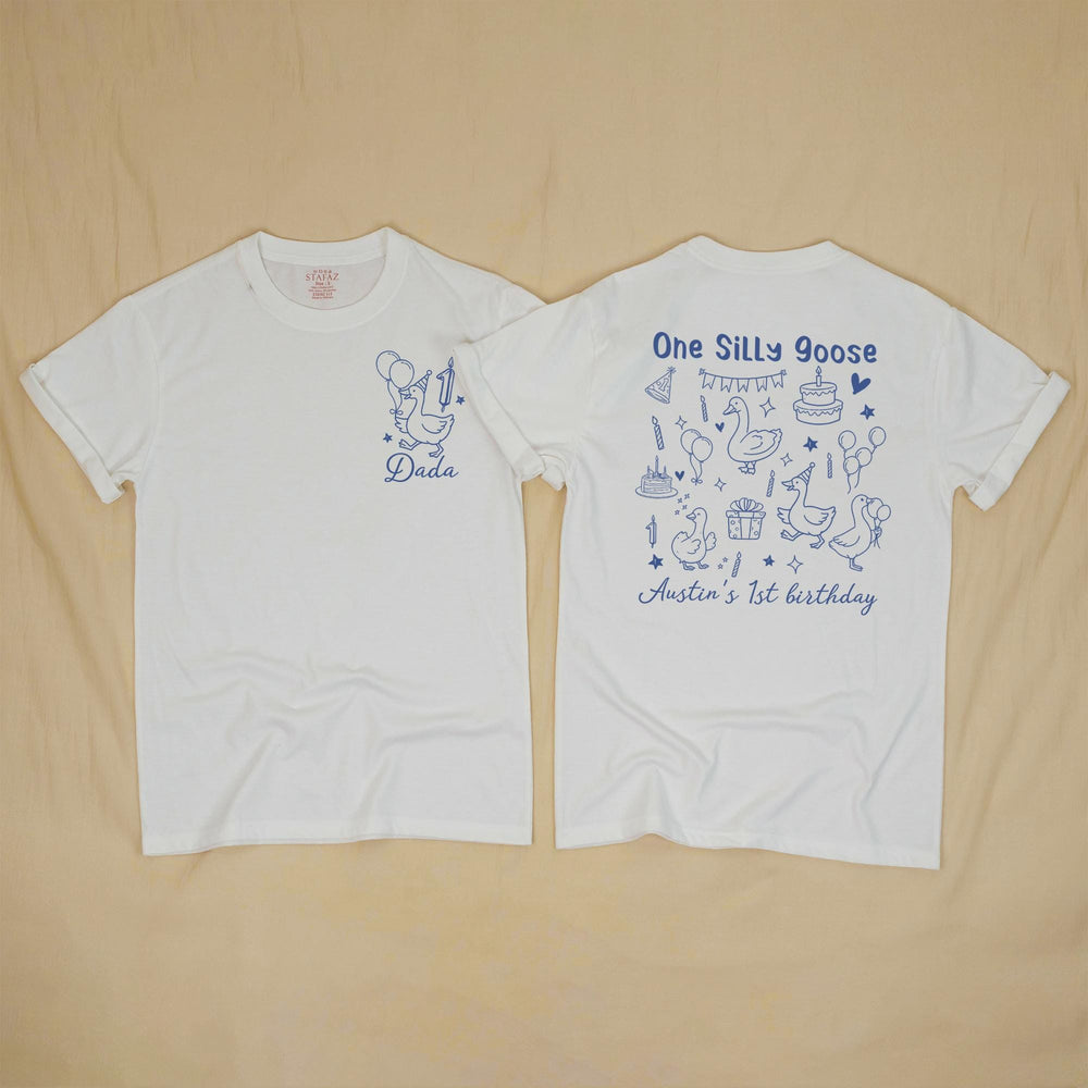 Personalized One Silly Goose First Birthday Outfit for Baby Boy or Family Shirts Custom Name and Age Whimsical Party Design in Blue