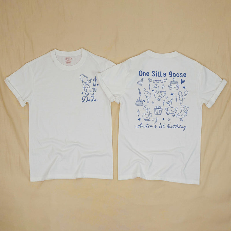 Personalized One Silly Goose First Birthday Outfit for Baby Boy or Family Shirts Custom Name and Age Whimsical Party Design in Blue