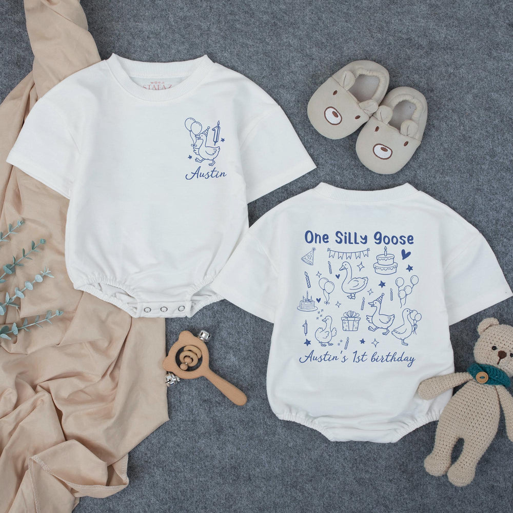 Personalized One Silly Goose First Birthday Outfit for Baby Boy or Family Shirts Custom Name and Age Whimsical Party Design in Blue