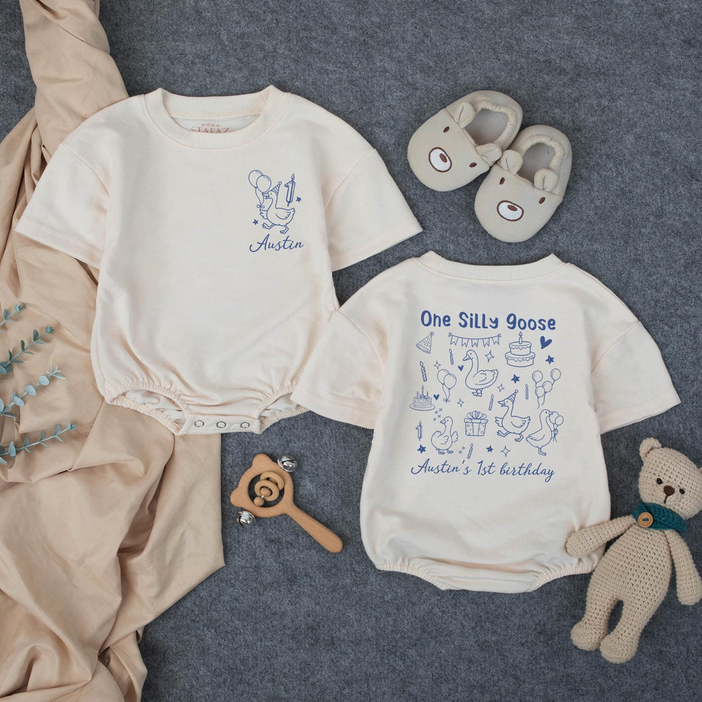 Personalized One Silly Goose First Birthday Outfit for Baby Boy or Family Shirts Custom Name and Age Whimsical Party Design in Blue