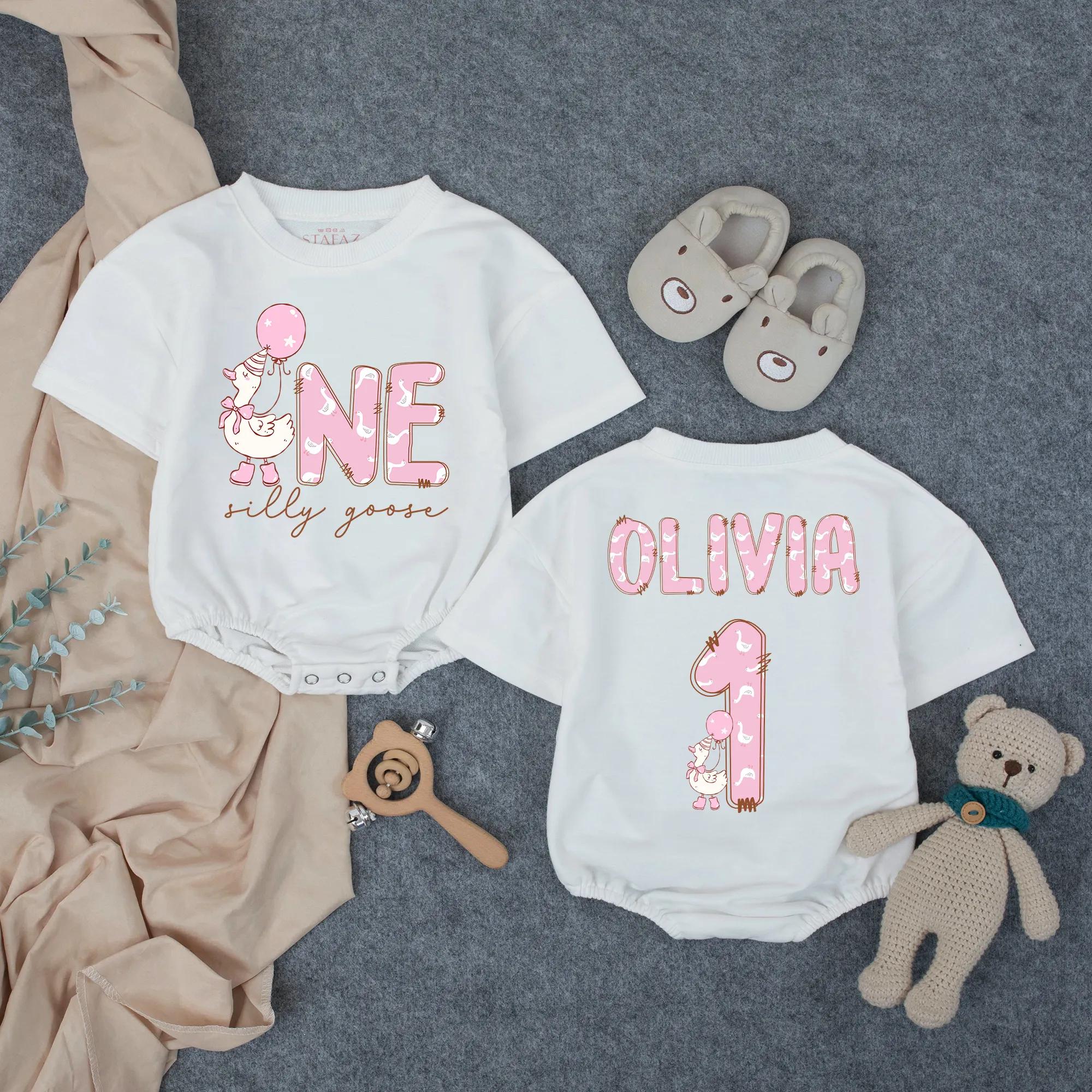 Personalized One Silly Goose Romper Birthday Outfit for Toddler Girls First Celebration Custom Name Soft Cotton Cake Smash Bodysuit