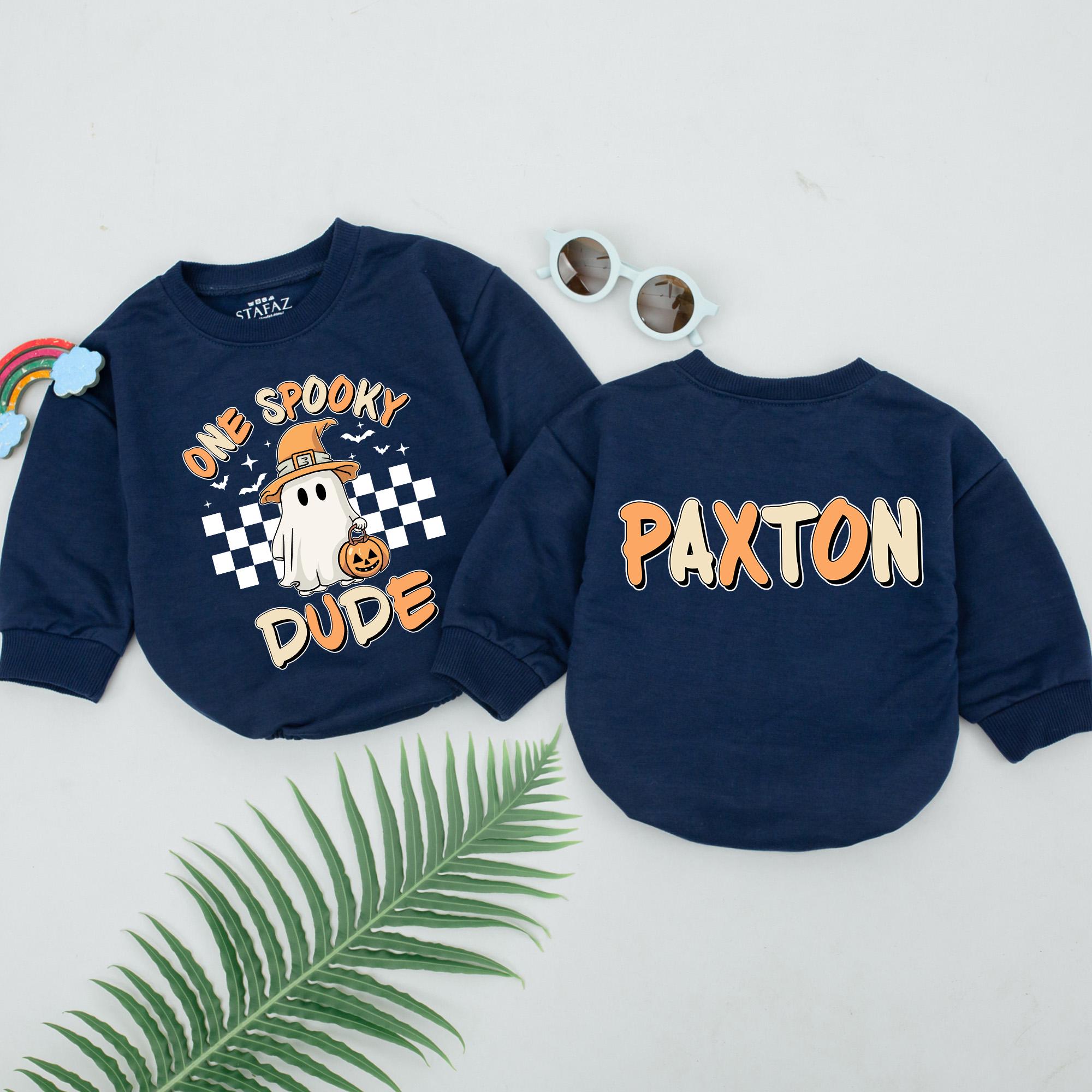 Personalized One Spooky Dude Baby Romper with Ghost and Pumpkin Halloween Outfit Boys First Halloween Festive Newborn Gift Soft Cotton