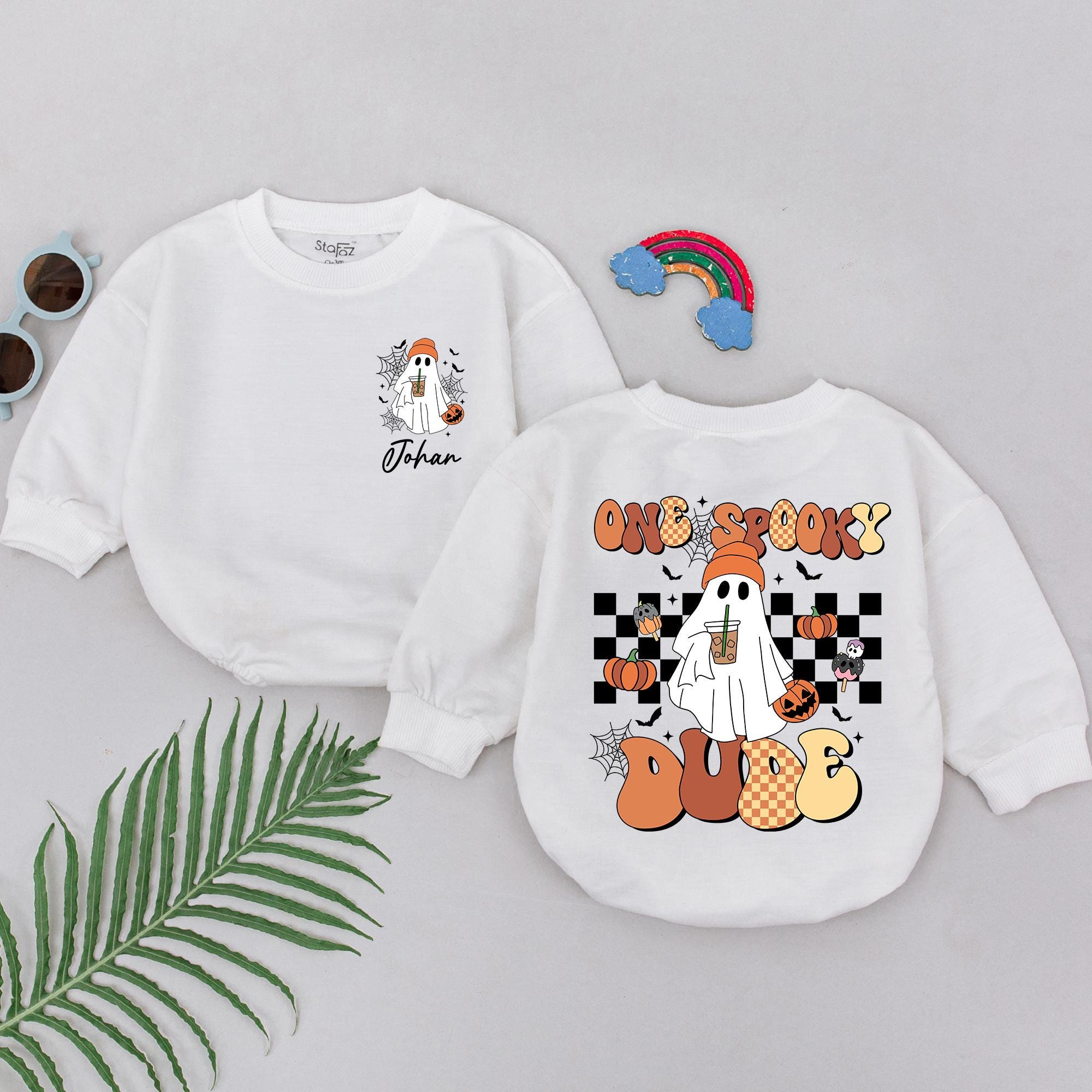 Personalized One Spooky Dude Baby Romper Halloween Outfit Boys First Pumpkin Ghost Checkered Gift