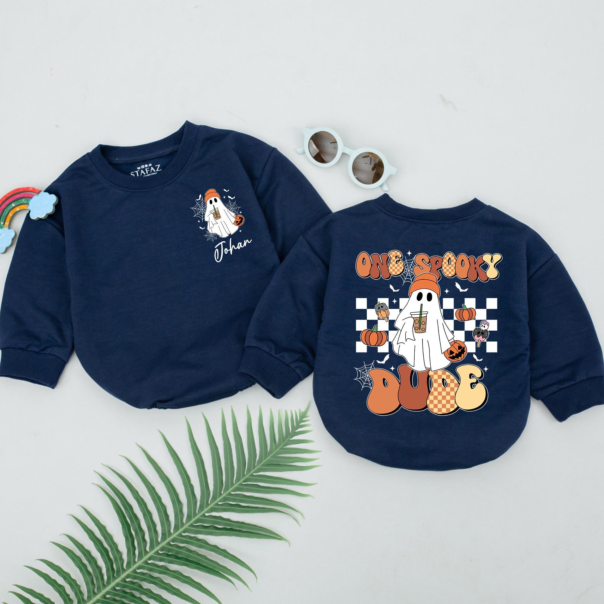 Personalized One Spooky Dude Baby Romper Halloween Outfit Boys First Pumpkin Ghost Checkered Gift