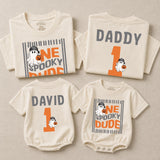 Personalized One Spooky Dude Halloween Matching Family Shirts & Baby Bodysuits, Custom Soft Cotton First Birthday Outfit for Fall Celebrations