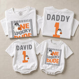 Personalized One Spooky Dude Halloween Matching Family Shirts & Baby Bodysuits, Custom Soft Cotton First Birthday Outfit for Fall Celebrations