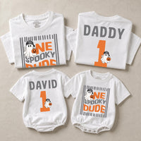 Personalized One Spooky Dude Halloween Matching Family Shirts & Baby Bodysuits, Custom Soft Cotton First Birthday Outfit for Fall Celebrations