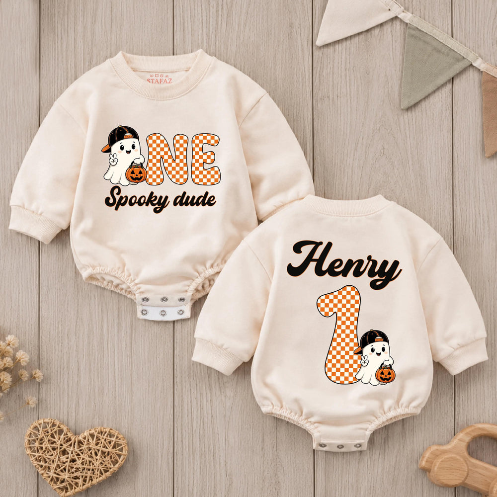 Personalized One Spooky Dude Romper with Ghost Halloween First Birthday Outfit for Baby Boy, Cute Fall Cake Smash Party Clothes Gift