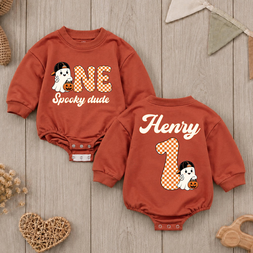 Personalized One Spooky Dude Romper with Ghost Halloween First Birthday Outfit for Baby Boy, Cute Fall Cake Smash Party Clothes Gift