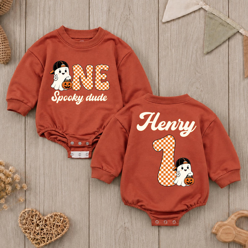 Personalized One Spooky Dude Romper with Ghost Halloween First Birthday Outfit for Baby Boy, Cute Fall Cake Smash Party Clothes Gift
