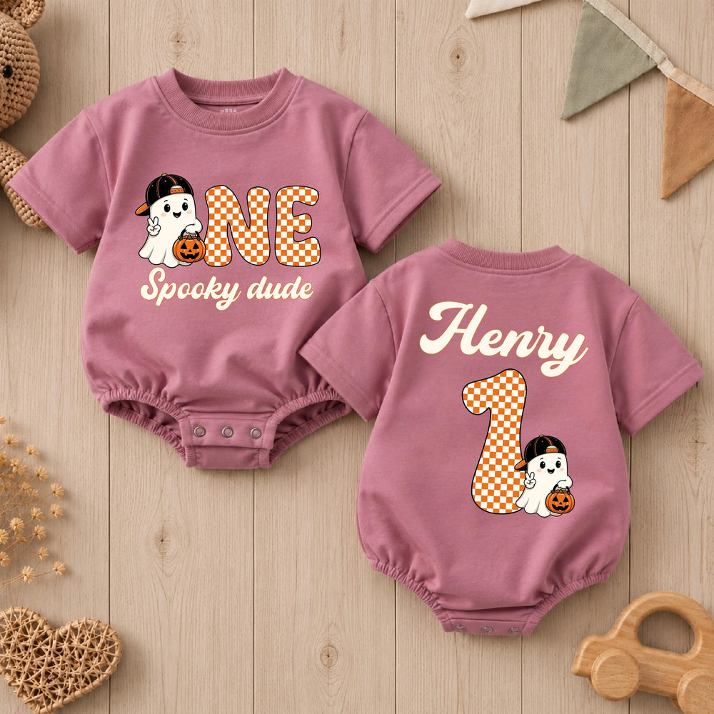 Personalized One Spooky Dude Romper with Ghost Halloween First Birthday Outfit for Baby Boy, Cute Fall Cake Smash Party Clothes Gift