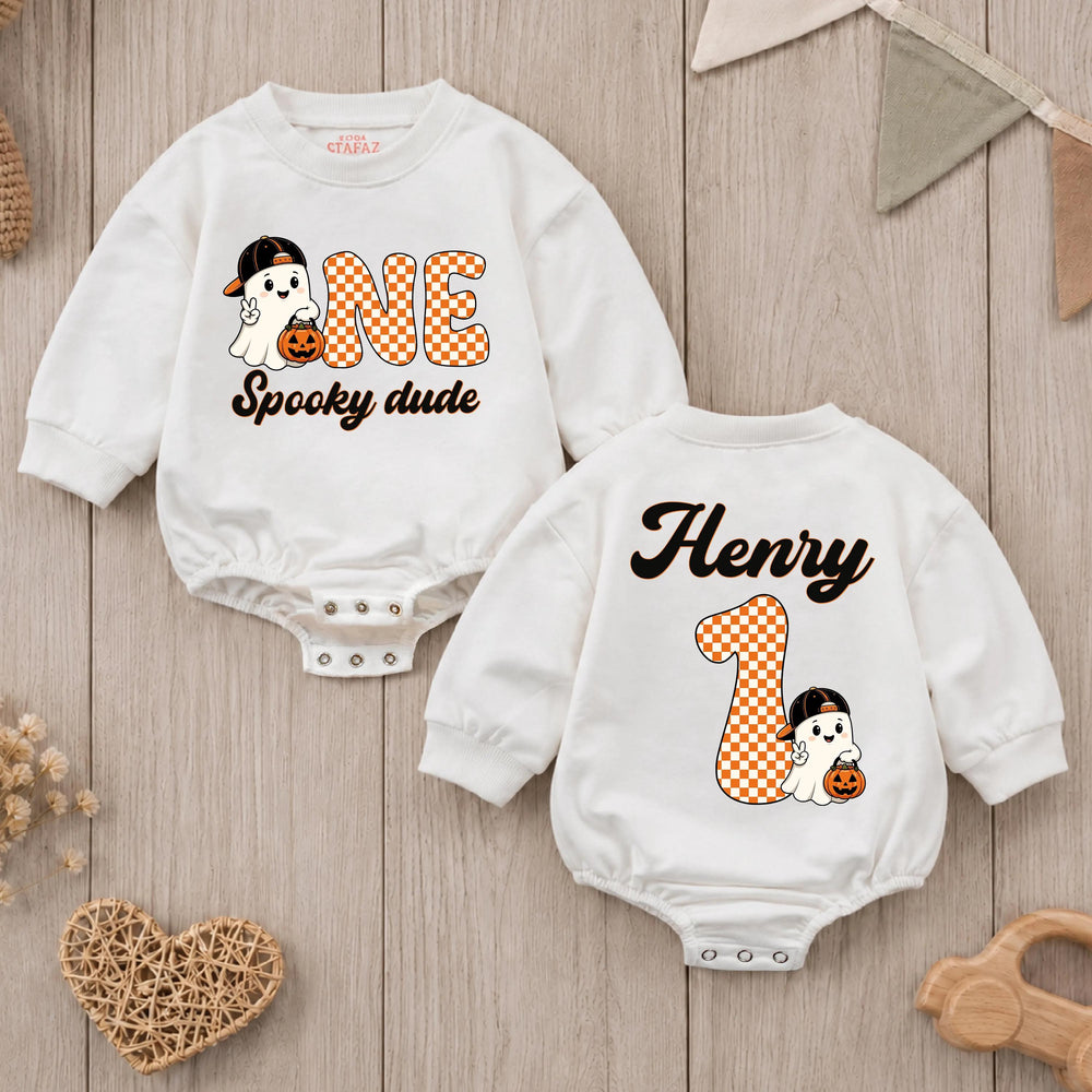 Personalized One Spooky Dude Romper with Ghost Halloween First Birthday Outfit for Baby Boy, Cute Fall Cake Smash Party Clothes Gift