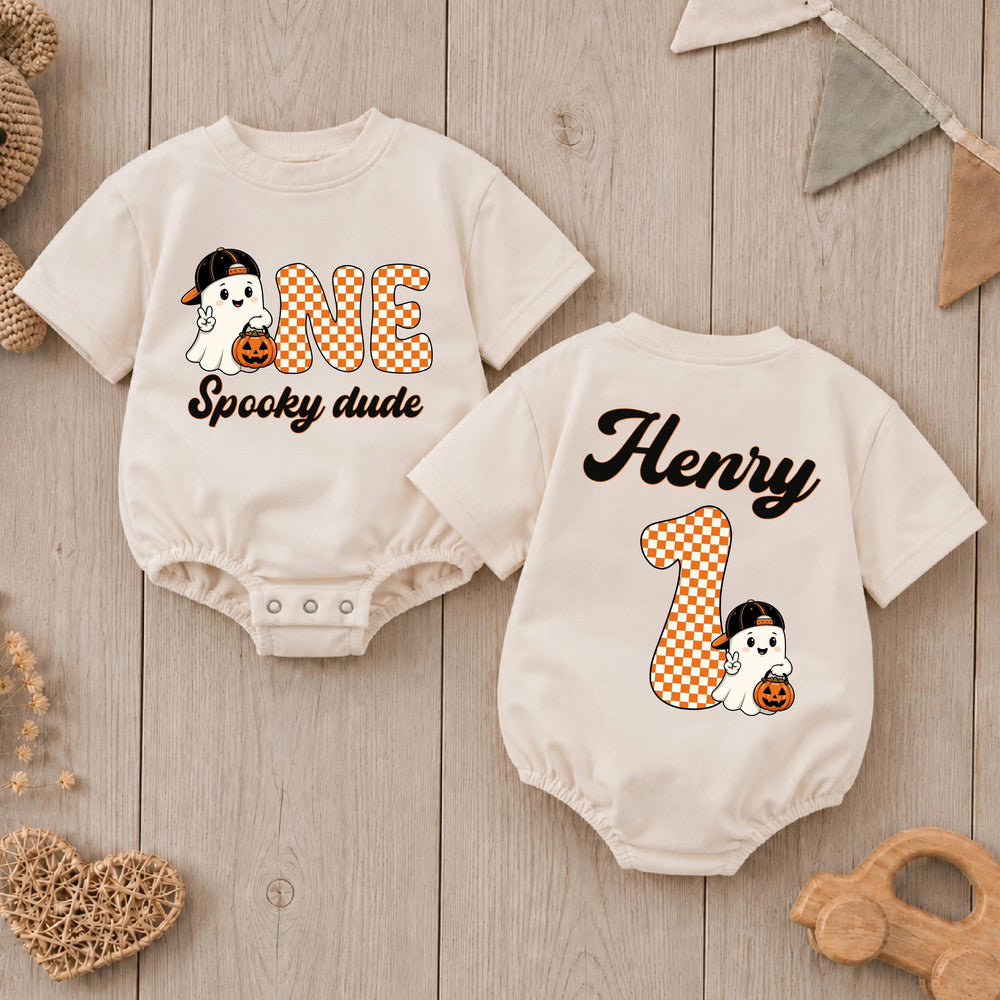 Personalized One Spooky Dude Romper with Ghost Halloween First Birthday Outfit for Baby Boy, Cute Fall Cake Smash Party Clothes Gift