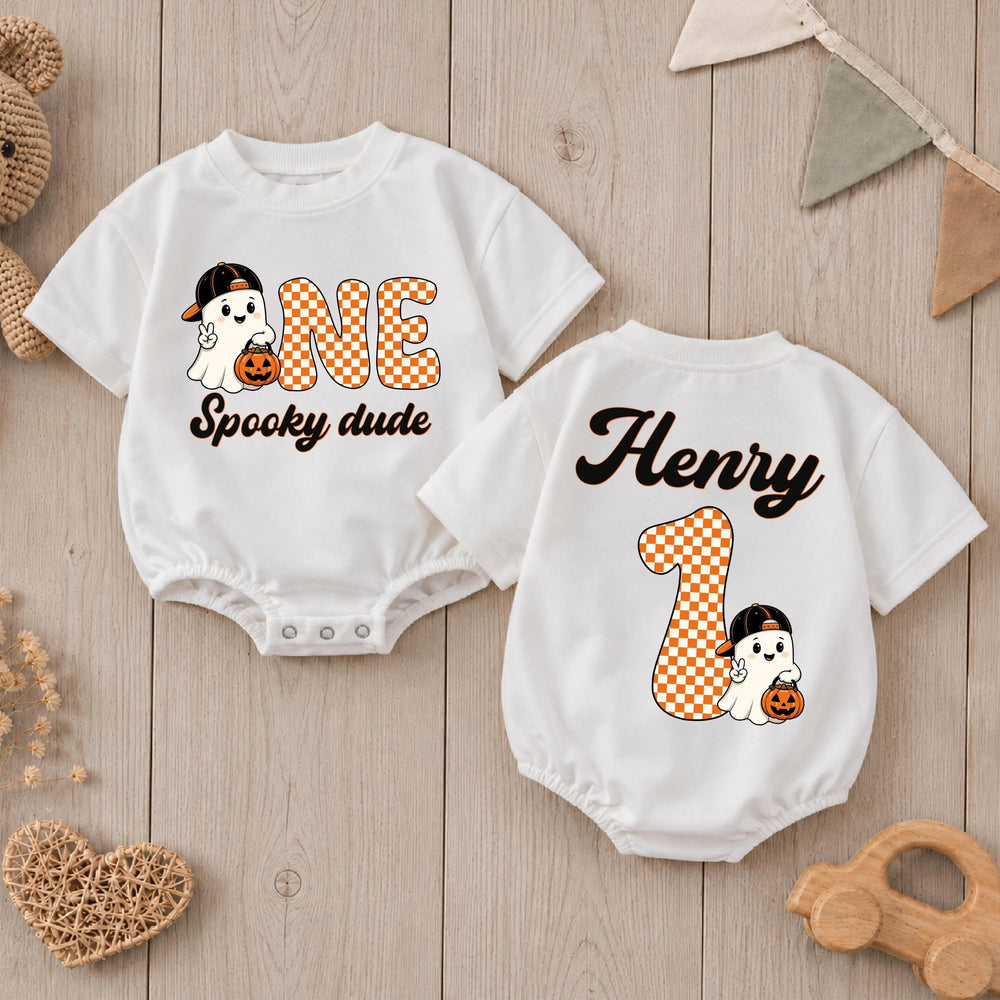 Personalized One Spooky Dude Romper with Ghost Halloween First Birthday Outfit for Baby Boy, Cute Fall Cake Smash Party Clothes Gift