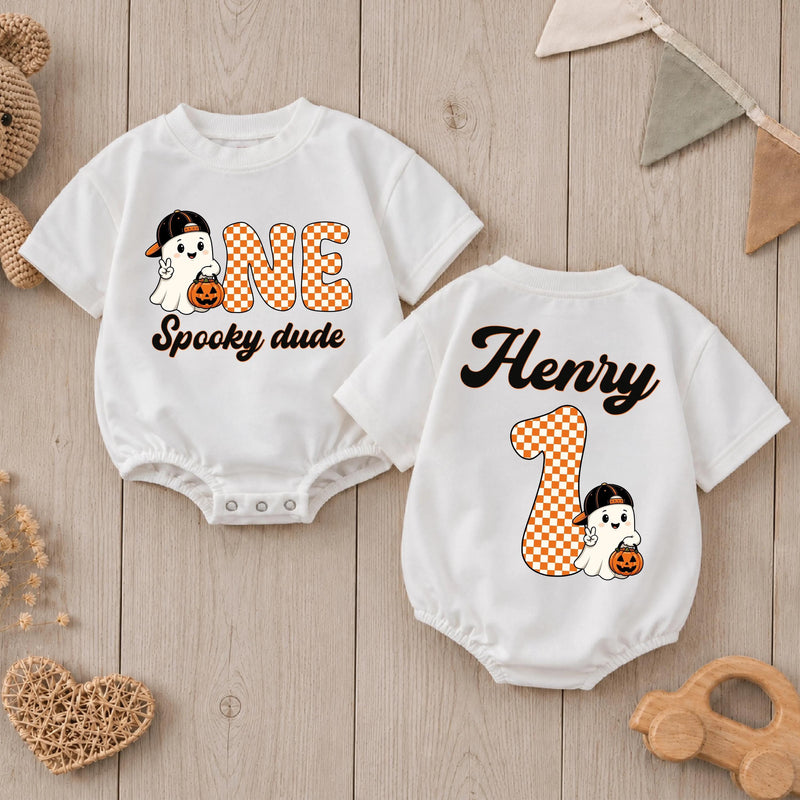 Personalized One Spooky Dude Romper with Ghost Halloween First Birthday Outfit for Baby Boy, Cute Fall Cake Smash Party Clothes Gift