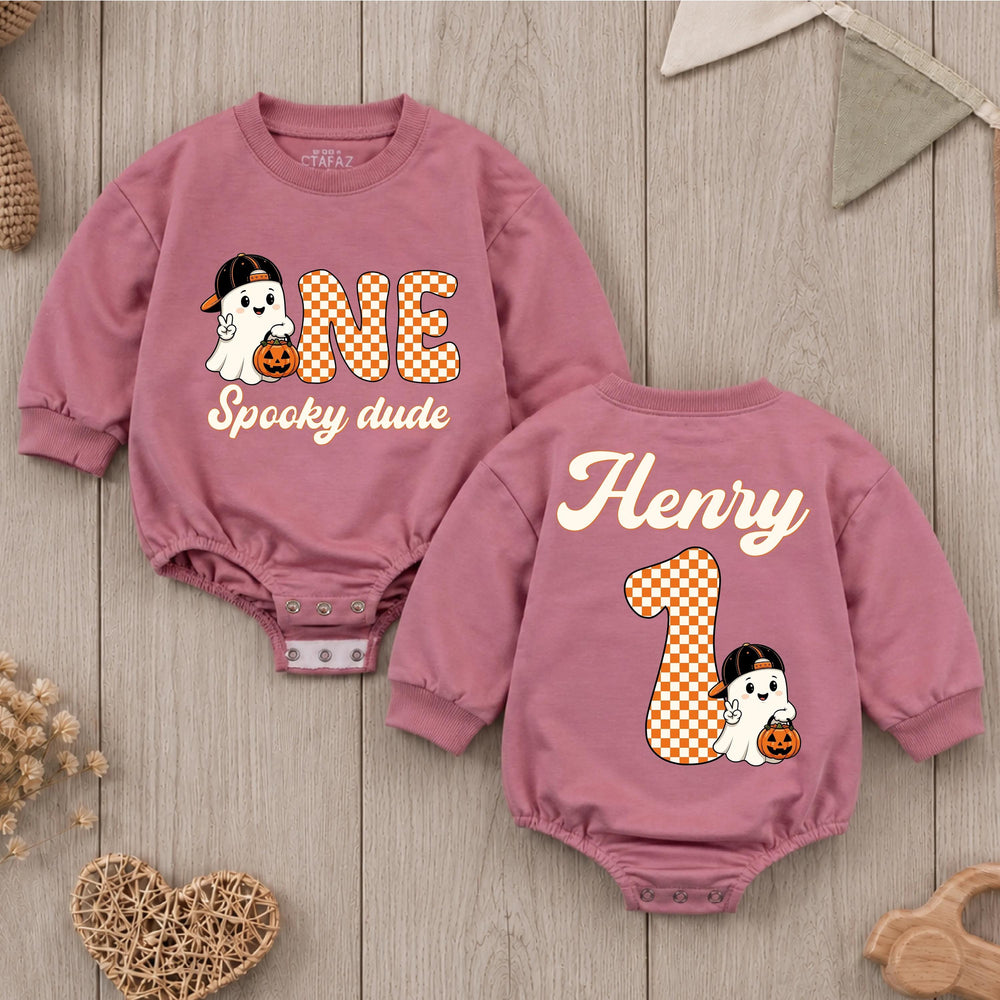 Personalized One Spooky Dude Romper with Ghost Halloween First Birthday Outfit for Baby Boy, Cute Fall Cake Smash Party Clothes Gift