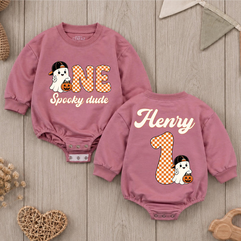Personalized One Spooky Dude Romper with Ghost Halloween First Birthday Outfit for Baby Boy, Cute Fall Cake Smash Party Clothes Gift
