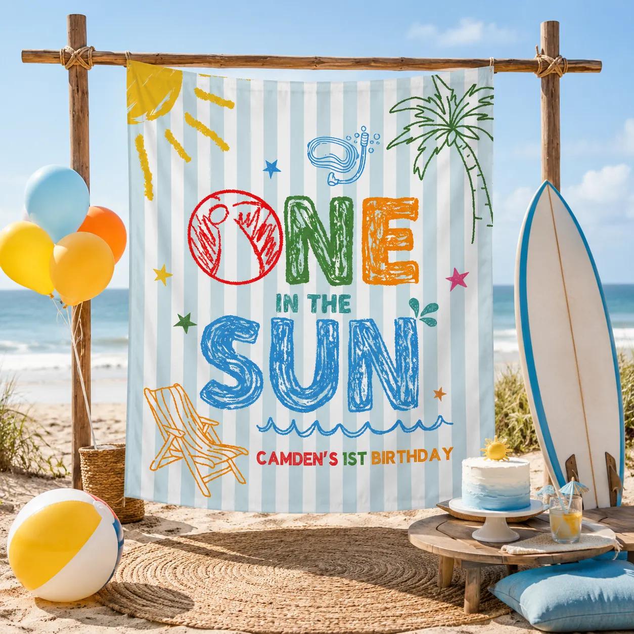 Personalized One in the Sun Birthday Banner and Romper for Baby or Toddler, Vibrant Pool Party Backdrop Summer Decor Custom Name Design