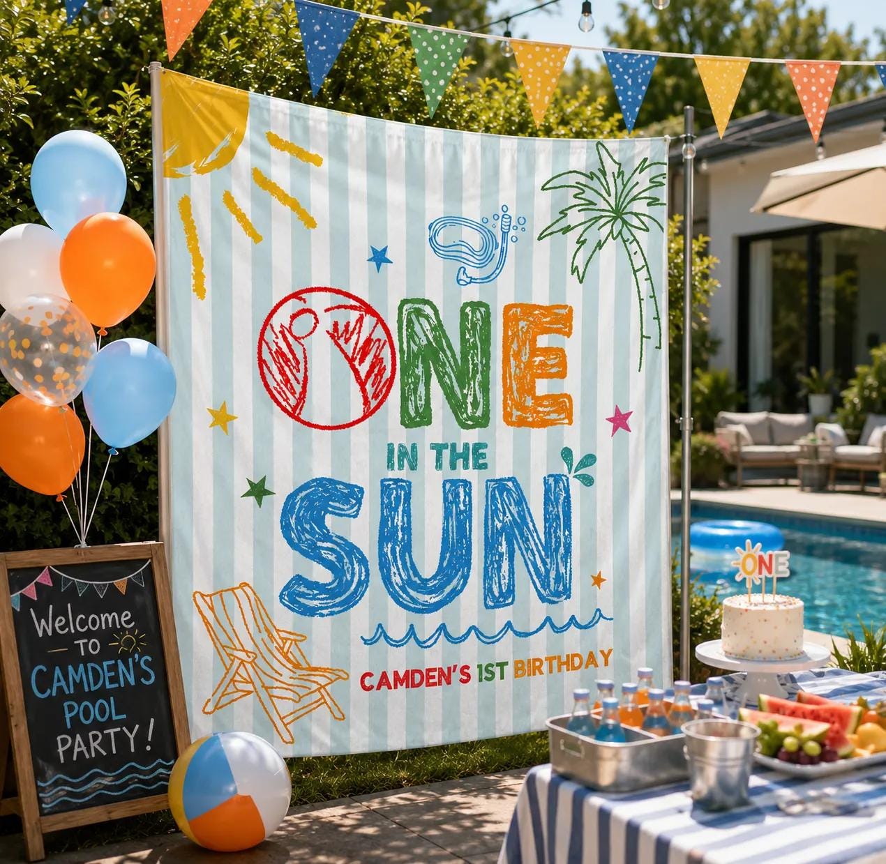 Personalized One in the Sun Birthday Banner and Romper for Baby or Toddler, Vibrant Pool Party Backdrop Summer Decor Custom Name Design