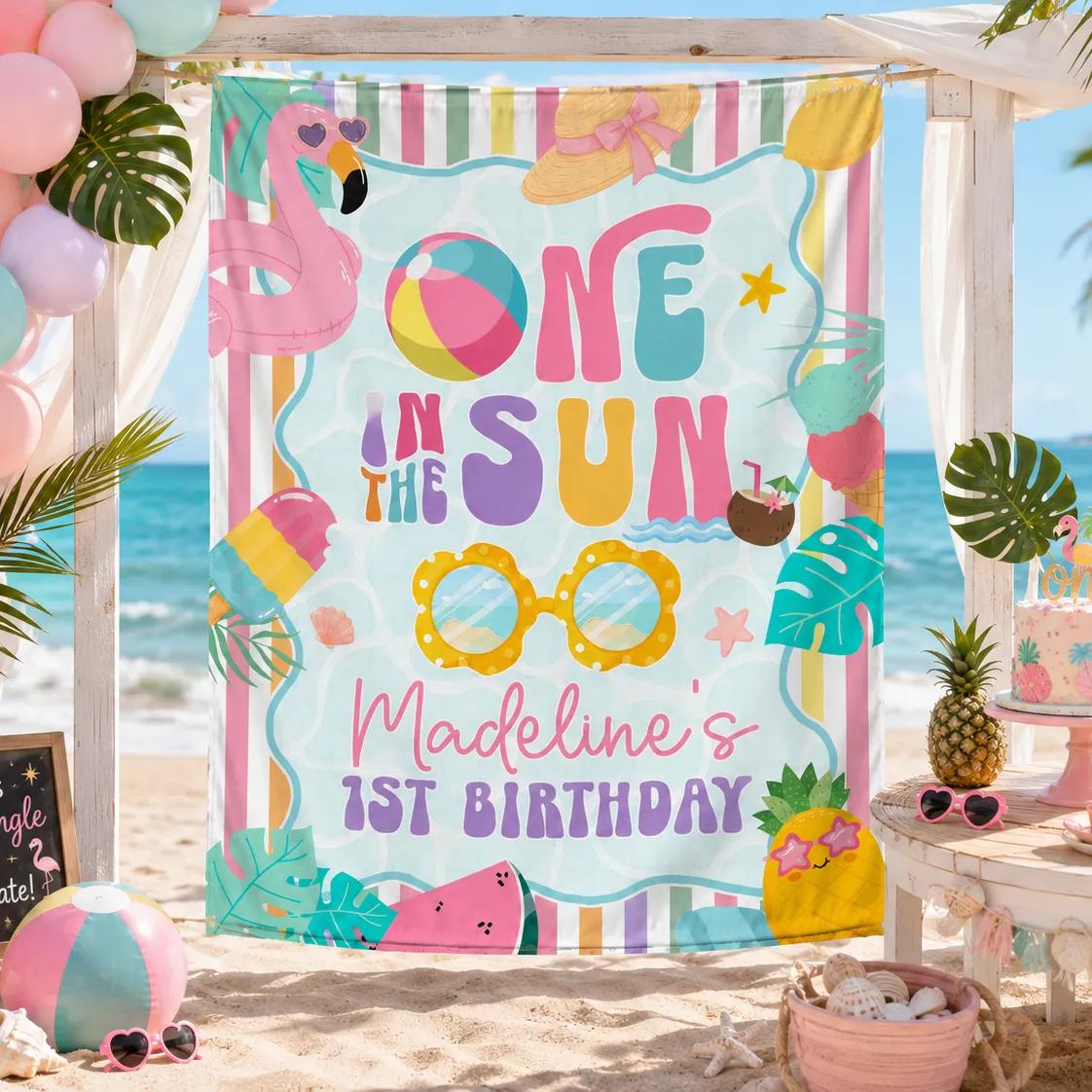 Personalized One in the Sun Birthday Banner and Romper with Beach Flamingo, Pineapple, Summer Pool Party Decor for Baby Girl's 1st Birthday