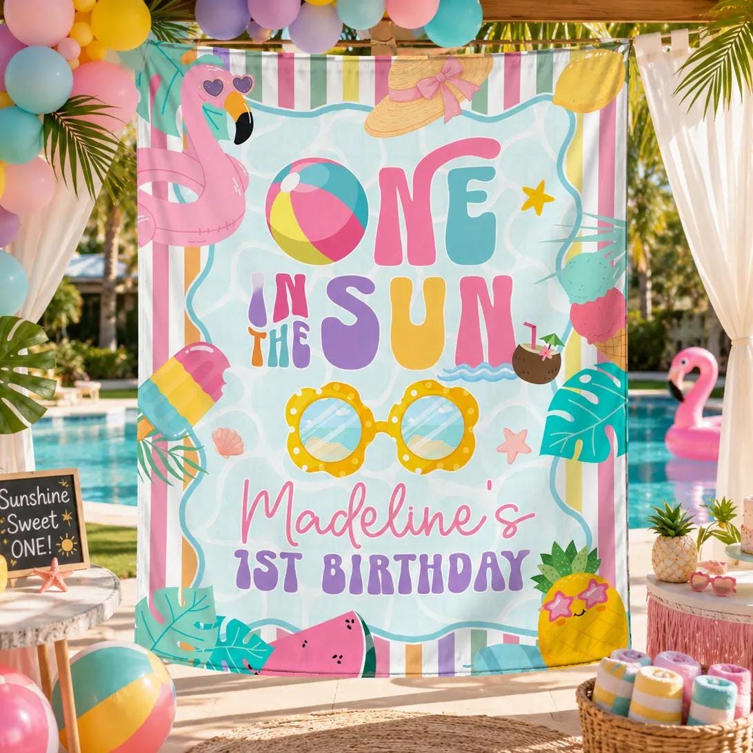 Personalized One in the Sun Birthday Banner and Romper with Beach Flamingo, Pineapple, Summer Pool Party Decor for Baby Girl's 1st Birthday