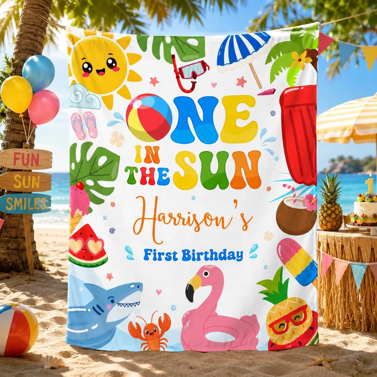 Personalized One in the Sun Birthday Banner and Romper for Summer First Birthday, Tropical Pool Party Backdrop Beach Decor Baby Outfit