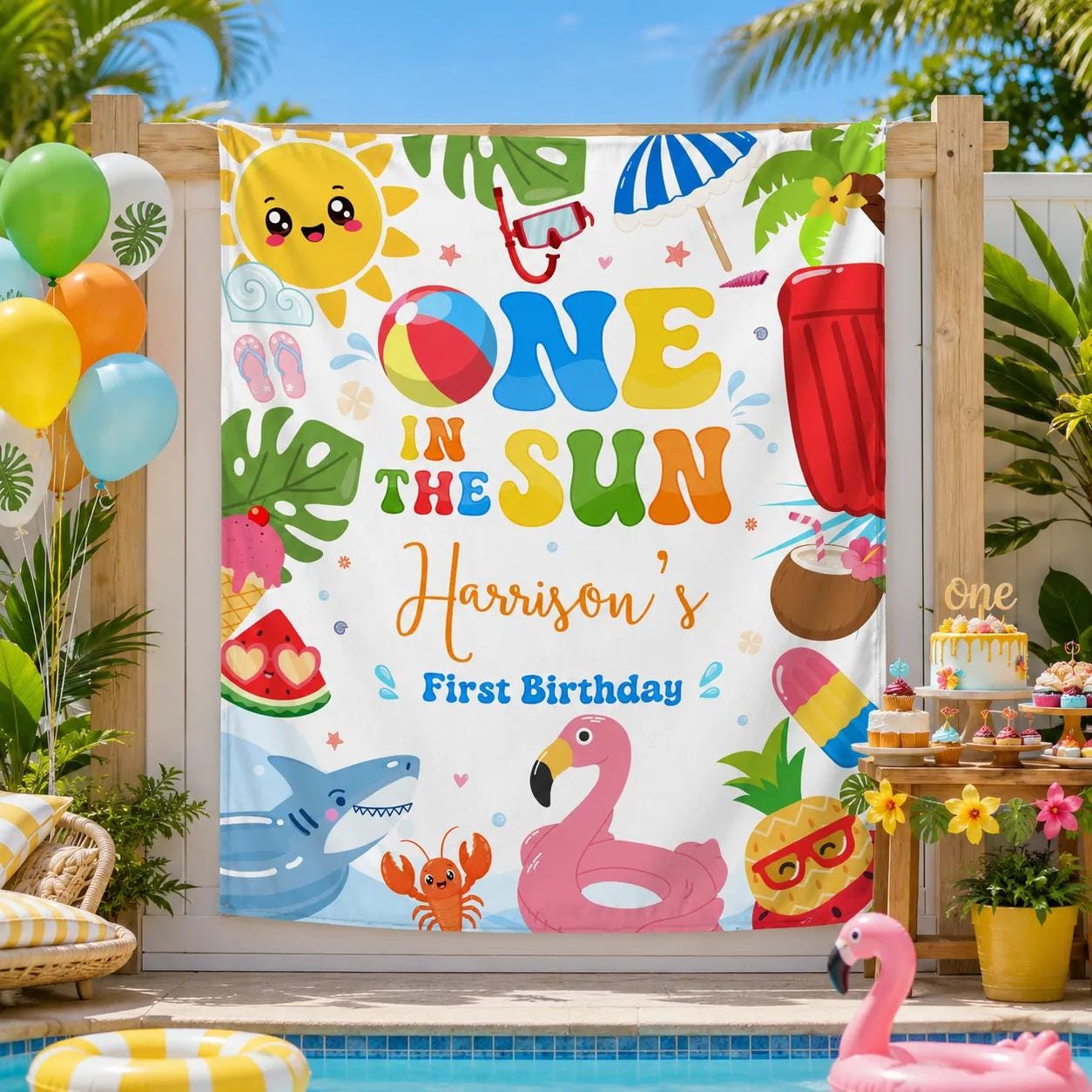 Personalized One in the Sun Birthday Banner and Romper for Summer First Birthday, Tropical Pool Party Backdrop Beach Decor Baby Outfit