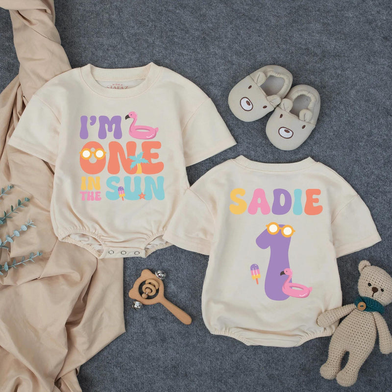 Personalized One in the Sun Bubble Romper First Birthday Girl Outfit Custom Name Summer Party Baby Gift with Flamingo Popsicle Graphics
