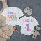 Personalized One in the Sun Bubble Romper First Birthday Girl Outfit Custom Name Summer Party Baby Gift with Flamingo Popsicle Graphics