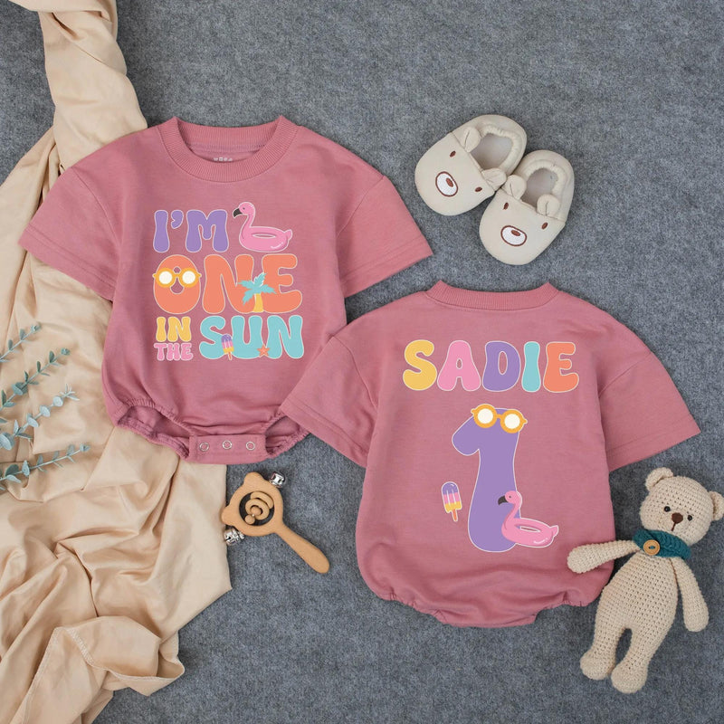 Personalized One in the Sun Bubble Romper First Birthday Girl Outfit Custom Name Summer Party Baby Gift with Flamingo Popsicle Graphics